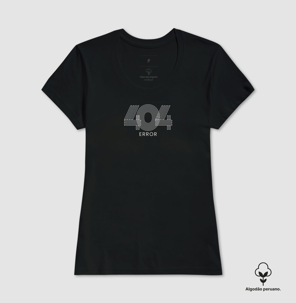 Camiseta feminina preta vista de frente, com estampa 404 Error em linhas finas claras no centro do peito